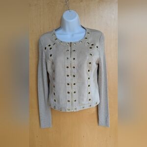 Cache' Beige Faux Suede Gold Grommet Zip Jacket. Small. NWT.